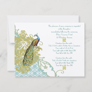 Vintage Birds Lagoon Endive Damask Reception Card
