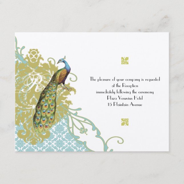 Vintage Birds Lagoon Endive Damask Reception Card (Front)
