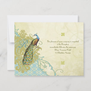 Vintage Birds Lagoon Endive Damask Reception Invitation