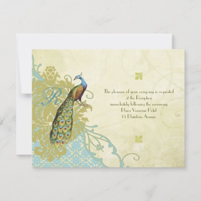 Vintage Birds Lagoon Endive Damask Reception Invitation (Front)