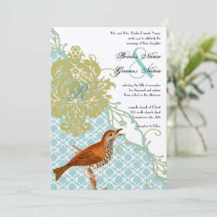 Vintage Birds Lagoon Endive Damask Wedding Invitation