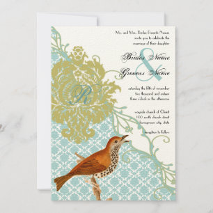 Vintage Birds Lagoon Endive Damask Wedding Invitation