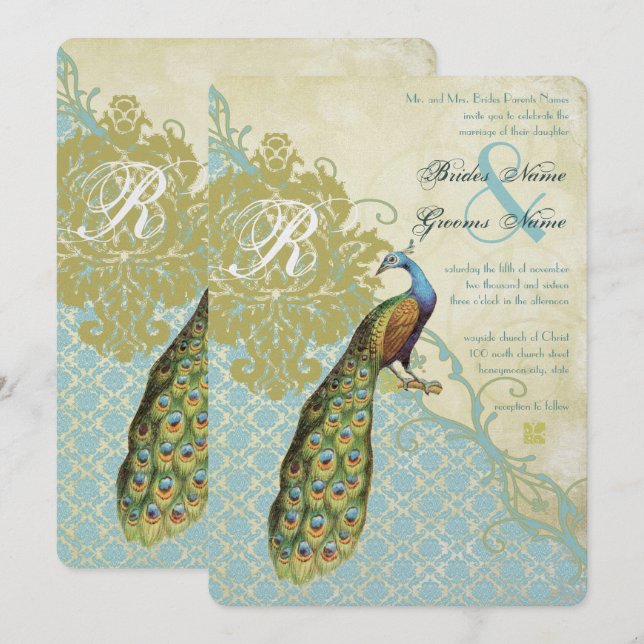 Vintage Birds Lagoon Endive Damask Wedding Invitation (Front/Back)