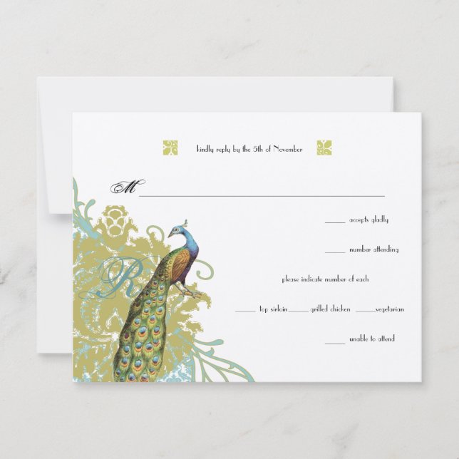 Vintage Birds Lagoon Endive Damask Wedding RSVP (Front)
