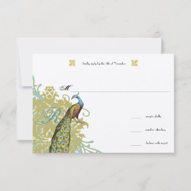 Vintage Birds Lagoon Endive Damask Wedding RSVP (Front)