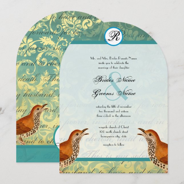 Vintage Birds Lagoon Endive Wedding Invitation (Front/Back)