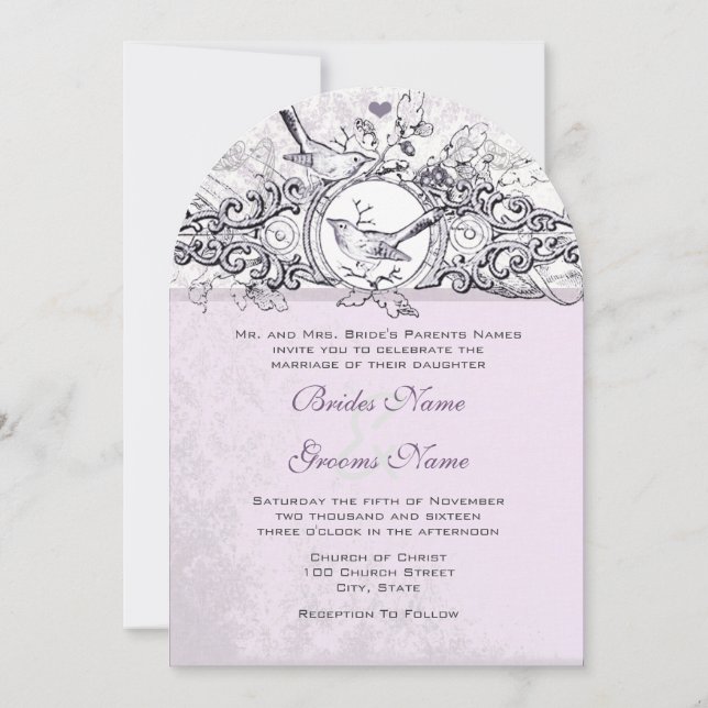 Vintage Birds Lavender Scroll  Wedding Invitation (Back)