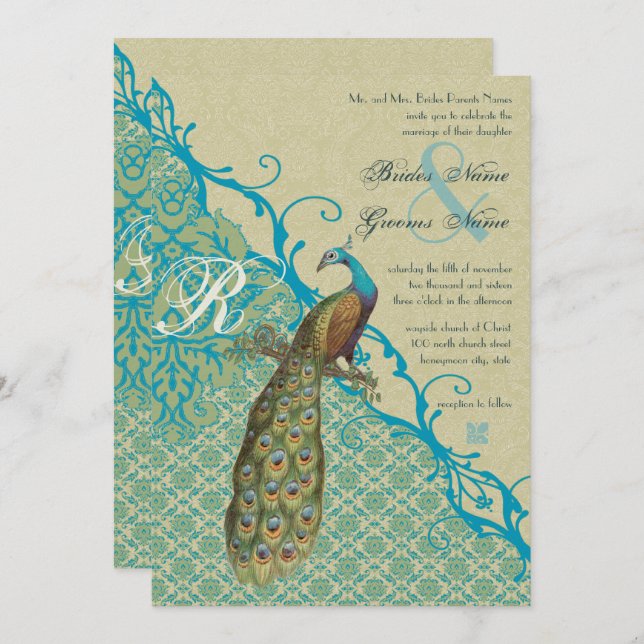 Vintage Birds Margarita Hawaiian Blue Damask Invitation (Front/Back)