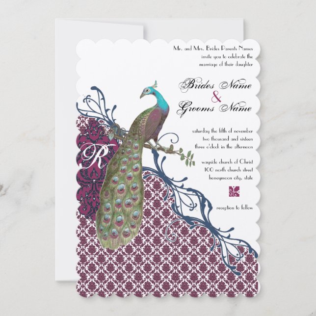 Vintage Birds Navy Deep Raspberry Damask Wedding Invitation (Front)