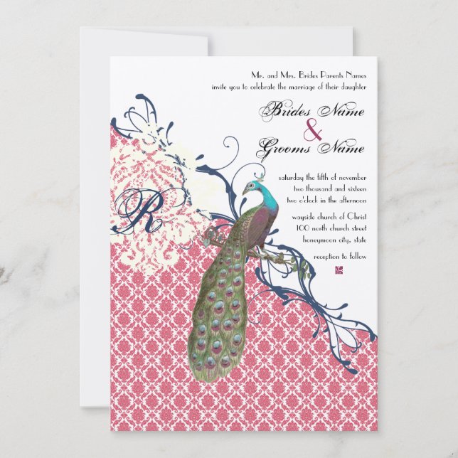 Vintage Birds Navy Deep Raspberry Damask Wedding Invitation (Front)