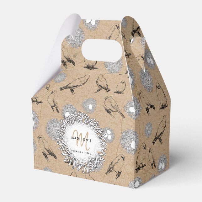 Vintage Birds & Nest Rustic Kraft Brown Favour Box (Front Side)