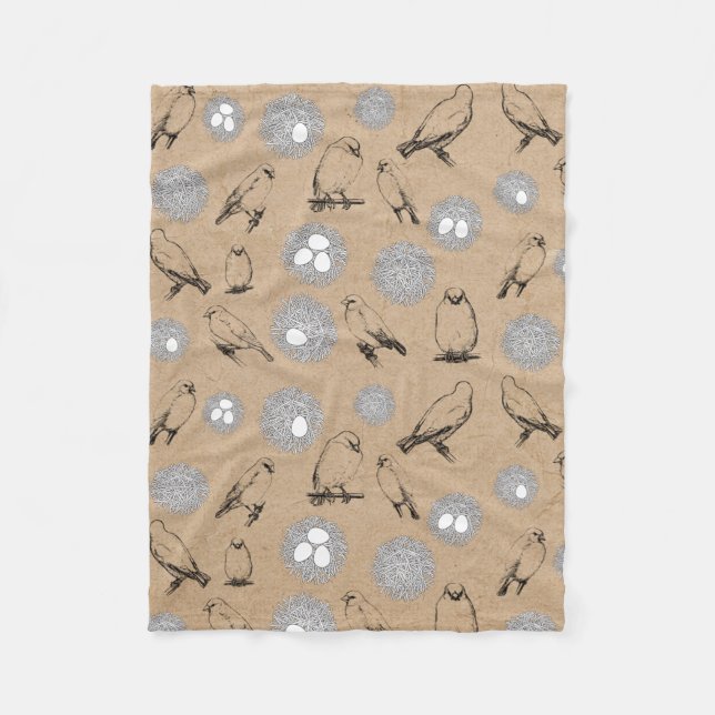 Vintage Birds & Nest Rustic Kraft Brown Fleece Blanket (Front)