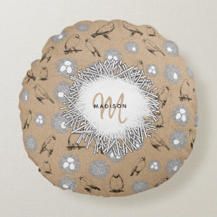 Vintage Birds & Nest Rustic Kraft Brown Round Cushion