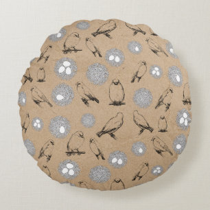 Vintage Birds & Nest Rustic Kraft Brown Round Cushion