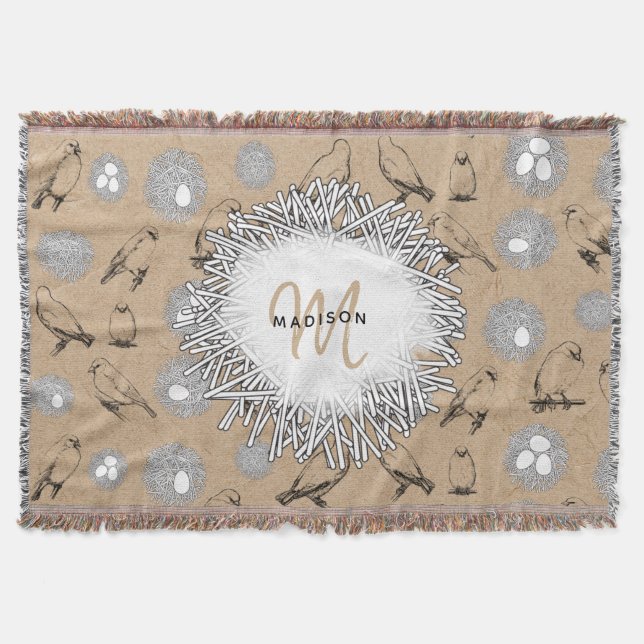 Vintage Birds & Nest Rustic Kraft Brown Throw Blanket (Front)