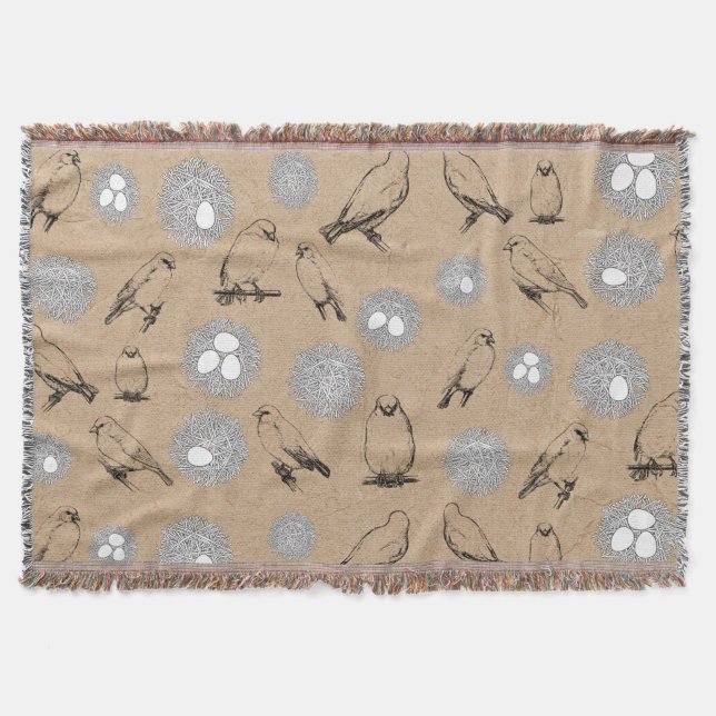 Vintage Birds & Nest Rustic Kraft Brown Throw Blanket (Front)
