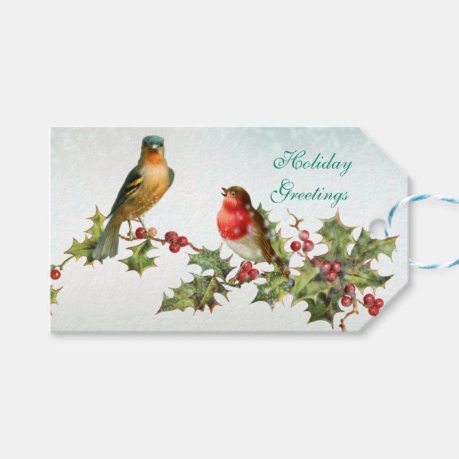 Vintage Birds on a Holly Branch Gift Tag (Front (Horizontal))