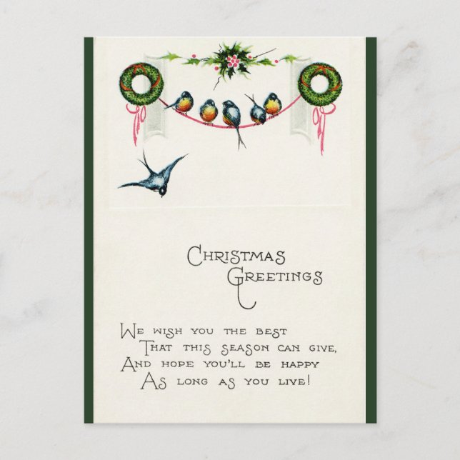 Vintage Birds on a Ribbon Christmas Postcard (Front)