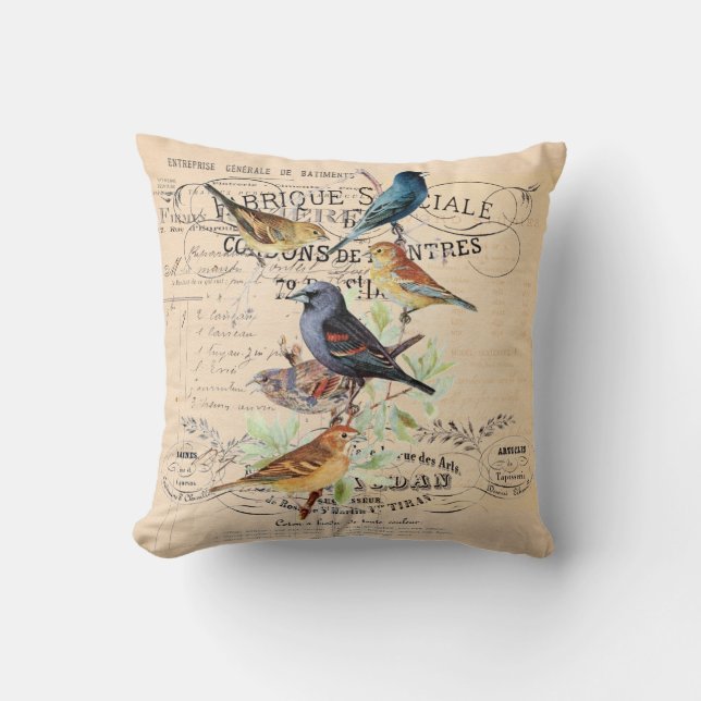 Vintage Birds on Antique Typography Cushion (Front)
