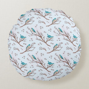 Vintage Birds on Cherry Blossom Branches Round Cushion