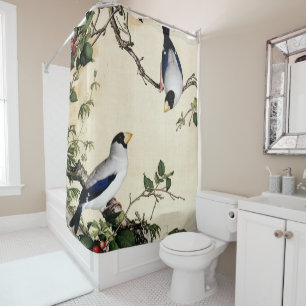 Vintage Birds on Cherry Branch Art Painting Shower Curtain