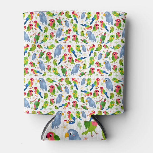 Vintage Birds Pattern, Colourful parakeet pattern Can Cooler (Front)