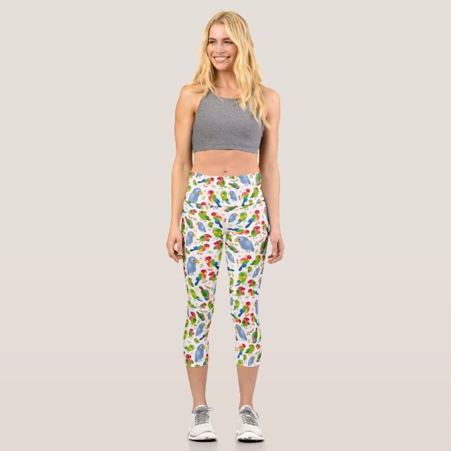 Vintage Birds Pattern, Colourful parakeet pattern  Capri Leggings (Front)