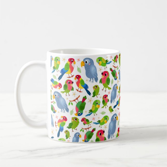 Vintage Birds Pattern, Colourful parakeet pattern Coffee Mug (Left)