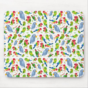 Vintage Birds Pattern, Colourful parakeet pattern Mouse Mat
