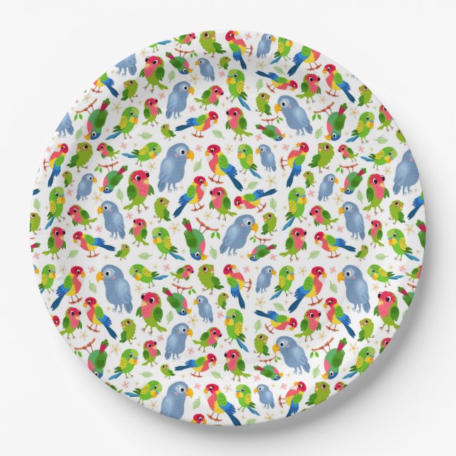 Vintage Birds Pattern, Colourful parakeet pattern Paper Plate (Front)