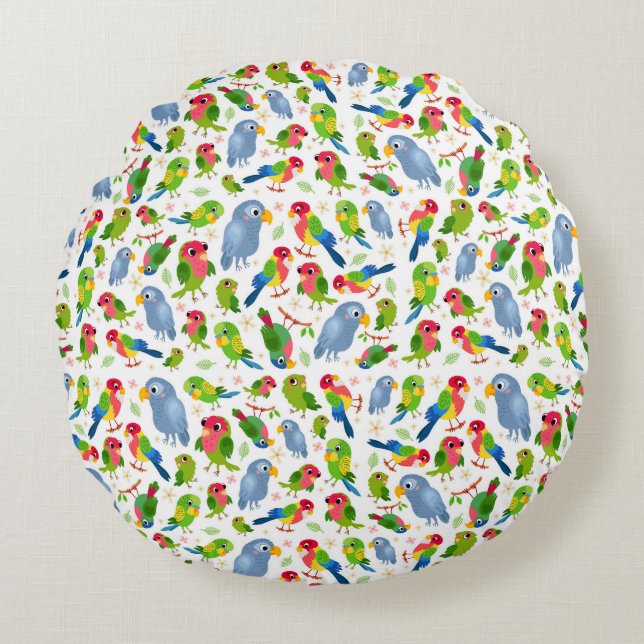 Vintage Birds Pattern, Colourful parakeet pattern Round Cushion (Front)