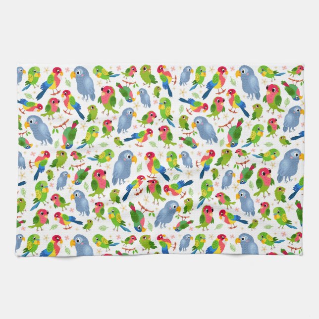 Vintage Birds Pattern, Colourful parakeet pattern Tea Towel (Horizontal)