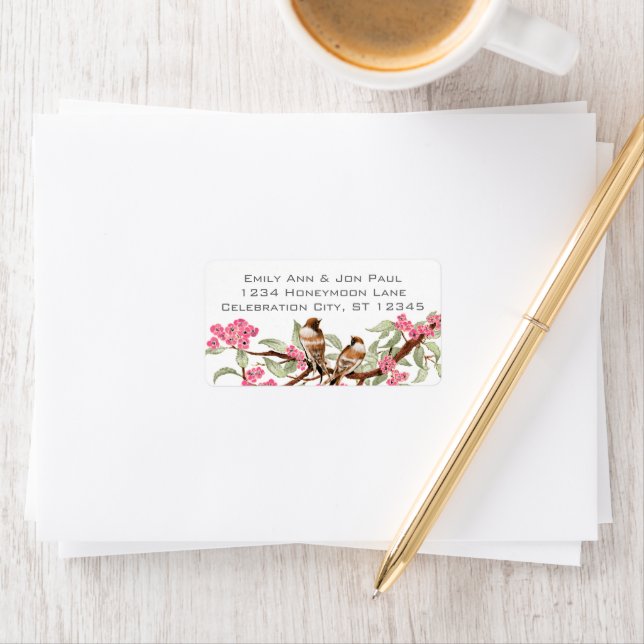 Vintage  Birds Pink Cherry Blossom RSVP Label (Insitu)