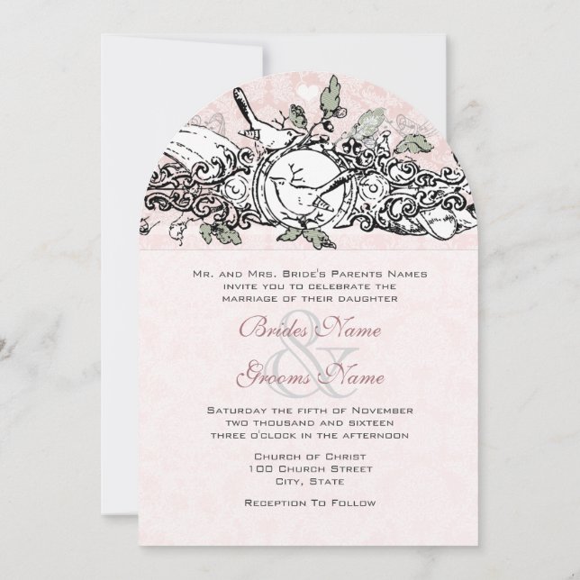 Vintage Birds Pink Musical Scroll Wedding Invites (Back)
