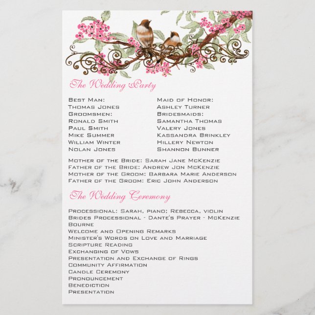 Vintage Birds Pink Musical Scroll Wedding Menu (Front)