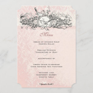 Vintage Birds Pink Musical Scroll Wedding Menu
