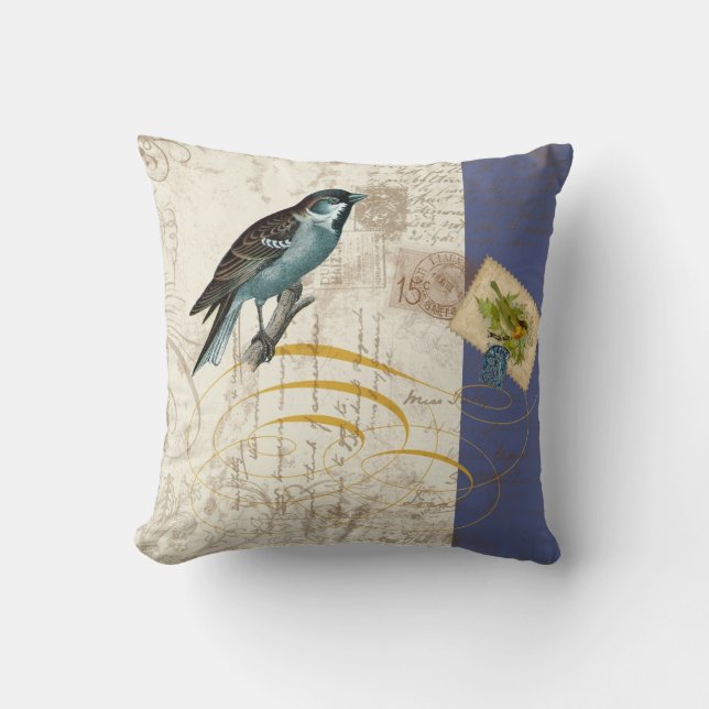 Vintage Birds Postage Stamp Songbird Swirl Collage Cushion (Front)