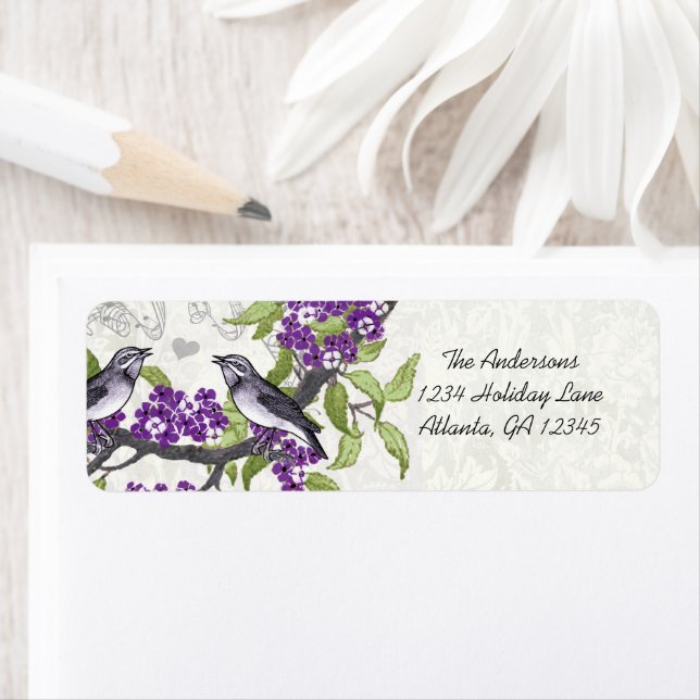 Vintage Birds Purple Flowering Branch Label (Insitu)