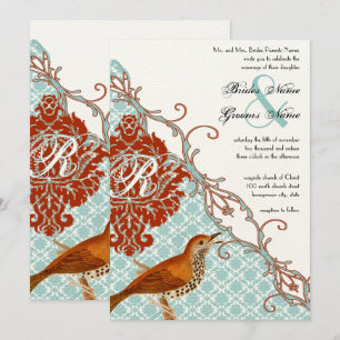 Vintage Birds Red Endive Damask Wedding Invitation