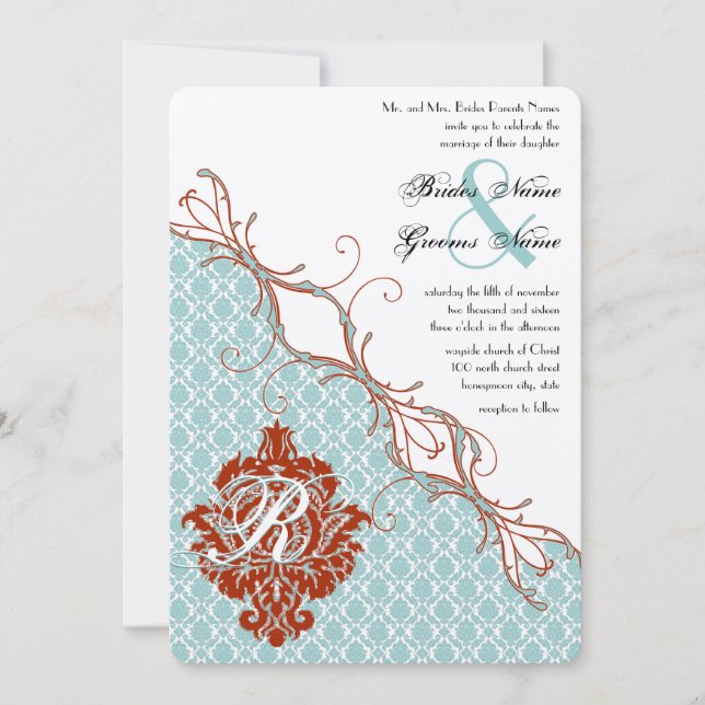 Vintage Birds Red Endive Damask Wedding Invitation (Front)