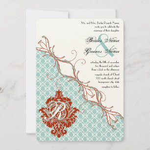 Vintage Birds Red Endive Damask Wedding Invitation