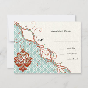 Vintage Birds Red Endive Damask Wedding RSVP Card