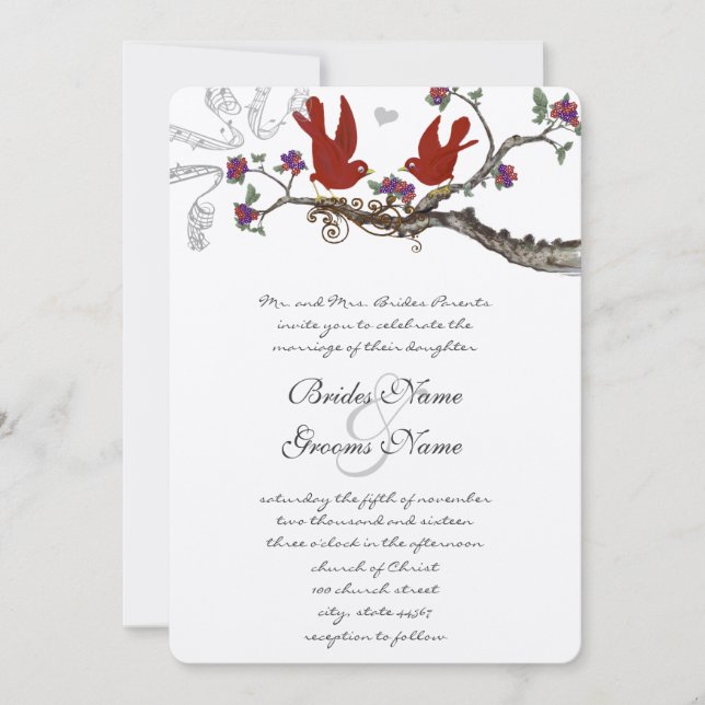 Vintage Birds Red & Purple  Wedding Invite (Front)