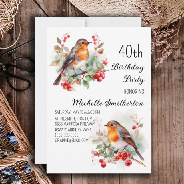 Vintage Birds Robin Redbreast 40th Birthday Invitation (Robin redbreast 40th birthday party invitation)