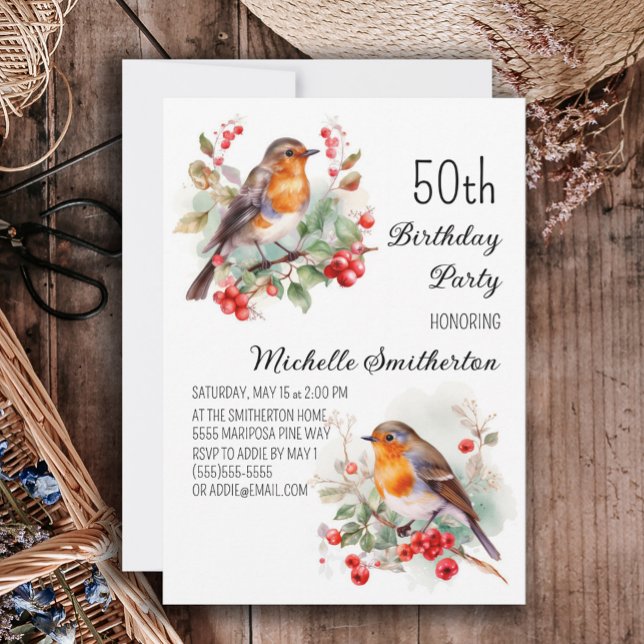 Vintage Birds Robin Redbreast 50th Birthday Invitation (Robin redbreast 50th birthday party invitation)