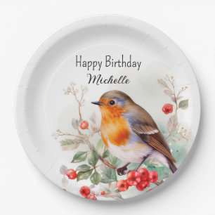 Vintage Birds Robin Redbreast Happy Birthday Name Paper Plate