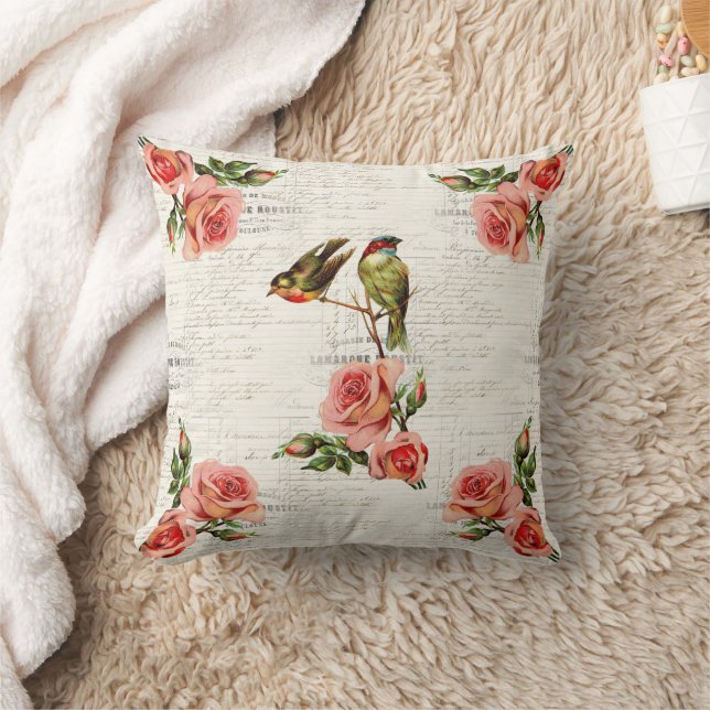 Vintage Birds Roses French Throw Pillow (Blanket)