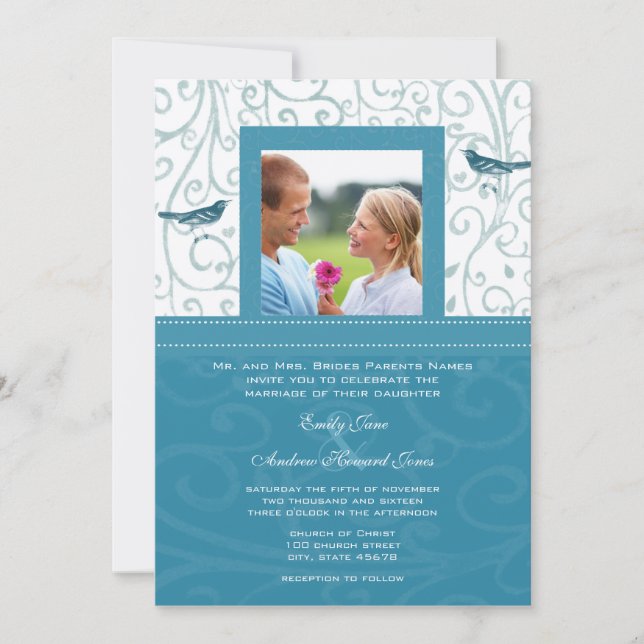 Vintage Birds Sea Mist Swirls Wedding Invitation (Front)