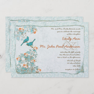 Vintage Birds Turquoise and Orange Damask Wedding Invitation