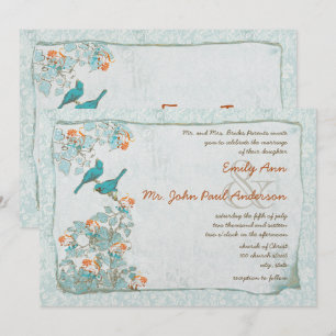 Vintage Birds Turquoise and Orange Damask Wedding Invitation